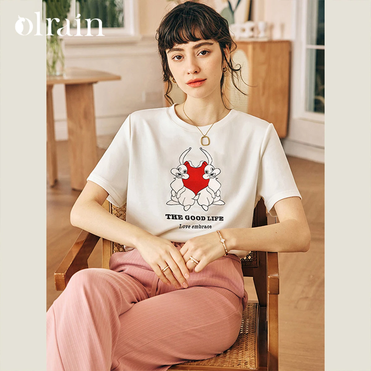 

‌OLrain Cute Short Sleeve Graphic Tees 2026 Summer Fashion Round Neck Embroidery Cotton Loose Top Woman's Clothing O23XT80030