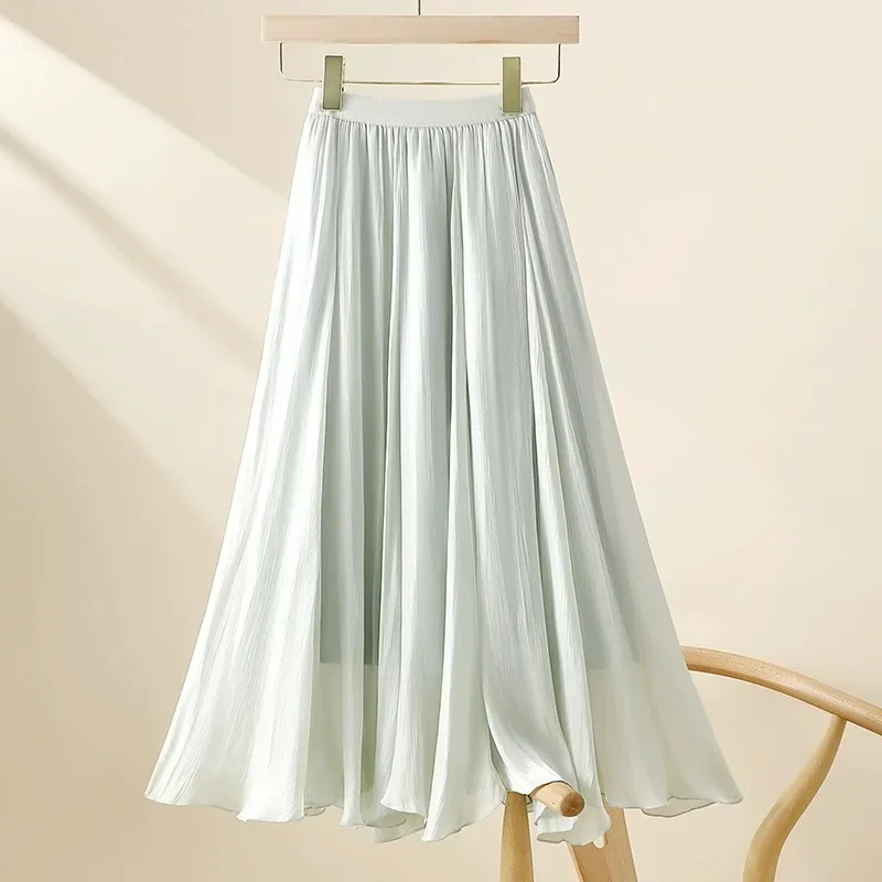 High-end Feel Slimming A- Line Skirt Women's Summer 2024 New Style High-waisted Pearlescent Glimmering Non-regular Length