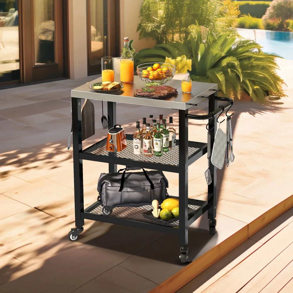 

Outdoor Grill Cart with Stainless Steel Tabletop, 3 Tier Outdoor BBQ Mobile Grill Cart Food Preparation for Garden Backyard