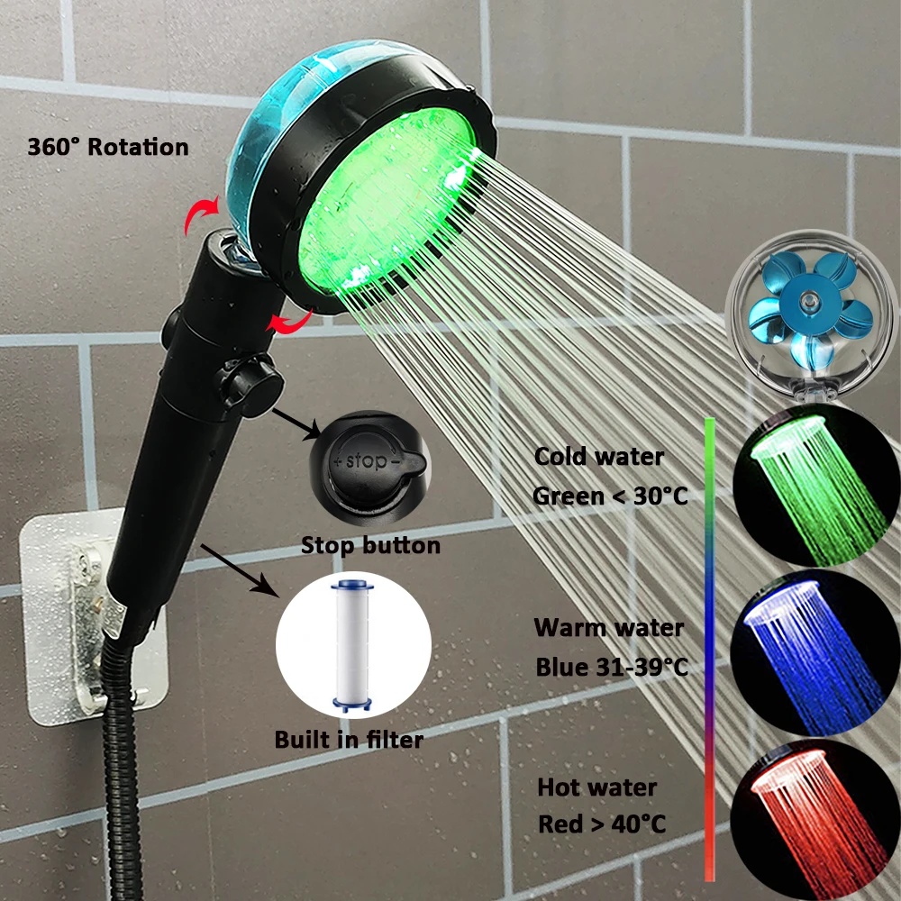 Led 3/7 Colors Fan Turbo Propeller Shower Head High Pressure Water Saving One Key Stop Filtered Shower Head Bathroom Accessories