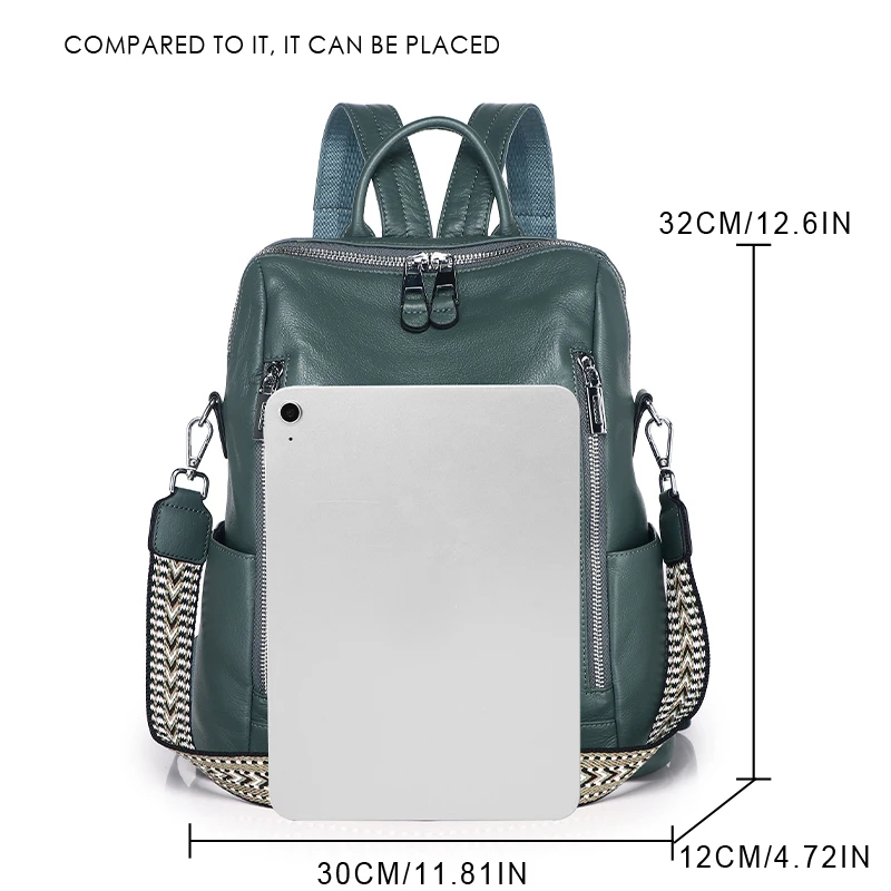 Women's Genuine Leather Backpack Multi-use Crossbody Shoulder Bag Casual Travel Daypack with Detachable Wide Strap