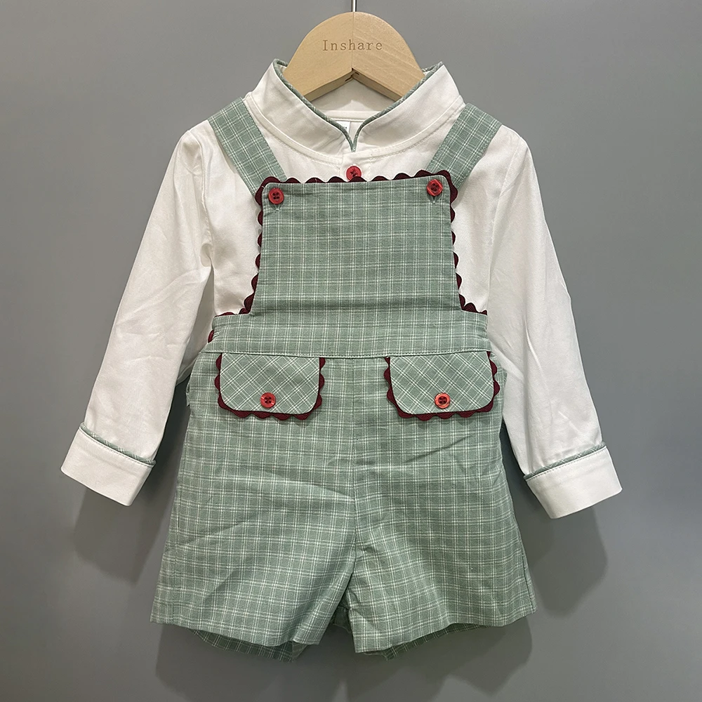 Children's Boutique Clothing Autumn Toddler Boys Cotton Long Sleeve Set White Shirt Green Plaid Bib Pants British Style