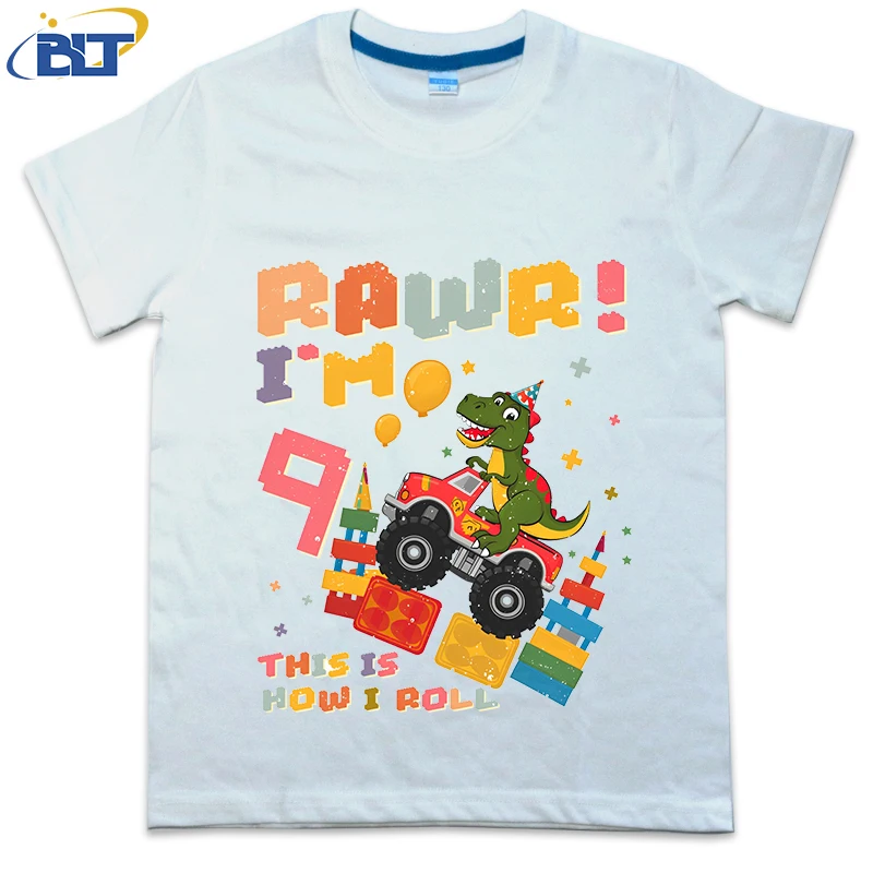 Dinosaur Monster truck 9th Birthday Building Blocks Retro printed kids T-shirt summer cotton short-sleeved casual top