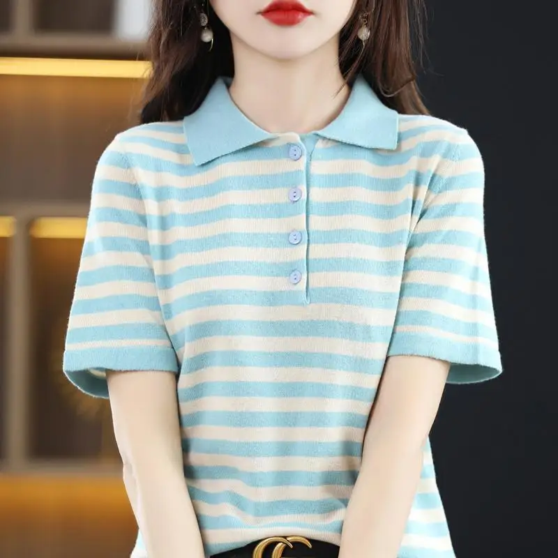 Summer Women Knit Striped T-shirt Koreon Fashion Polo Shirts Short Sleeve Female Clothing Loose All-match Vintage Pullover Tops