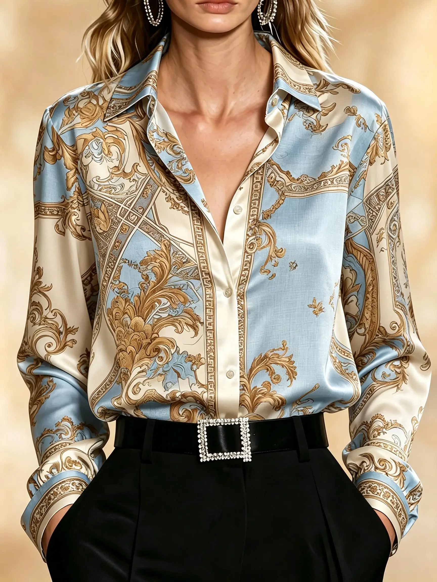 Women European Scarf‑Style Baroque Scroll Geometric Patchwork Print Turn‑down Collar Long Sleeve Button Top
