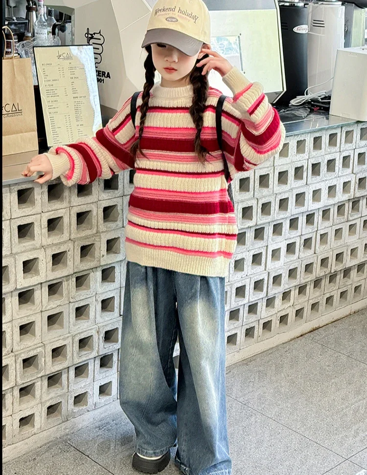 Girls Sweater 2024 Winter New Childrens Clothes Girls Baby Foreign Style Thickened Striped Sweater Casual Simple Daily