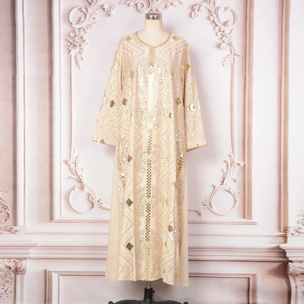 2025年新作ムスリムアバヤドレス 女性用 エレガントな刺繍とスパンコールの控えめなイブニングガウン ロングローブ パーティーウェア イスラムドレス