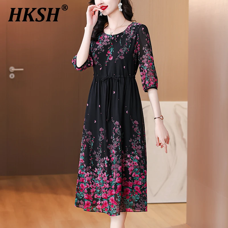 

HKSH Summer New Women's Tide Chic Fashion Elegant High Street Casual Stylish Printed O-neck Waist Cinching Slimming Dress HK6211