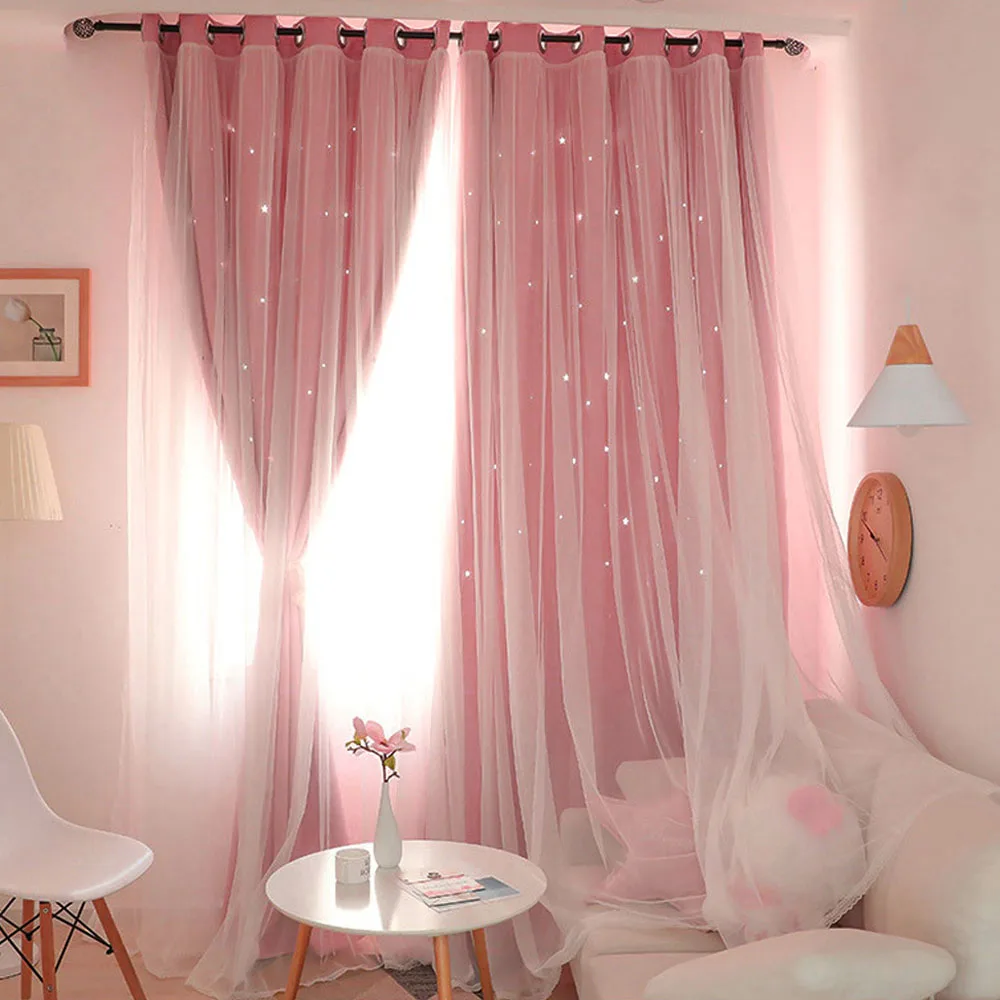 1/2Pcs Stars Blackout Curtains Double Layer Romantic Pink Tull Curtain for Living Room Girl's Bedroom Window Drapes Decoration