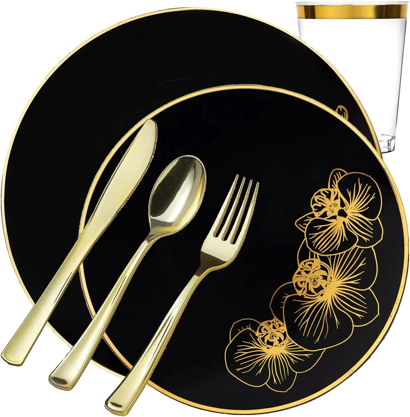 

Elegant Orchard Collection Party Dinner Sets: Economical Stylish Black & Gold Party Serving for 50 Person: 300 pices