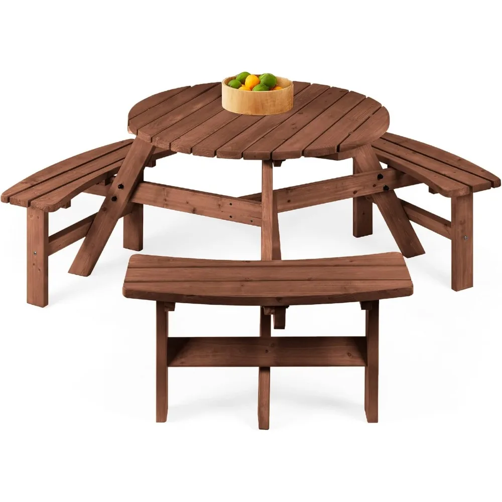 

6-Person Circular Outdoor Wooden Picnic Table for Patio, Backyard, Garden, DIY w/ 3 Built-in Benches, 500lb Capacity