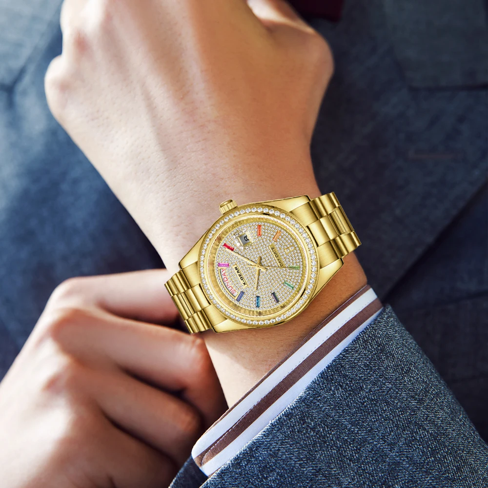 Złoty męski zegarek ze stali nierdzewnej 41 mm, tarcza wysadzana diamentami, mechanizm mechaniczny, wodoodporny, świecący w ciemności, modny styl biznesowy.