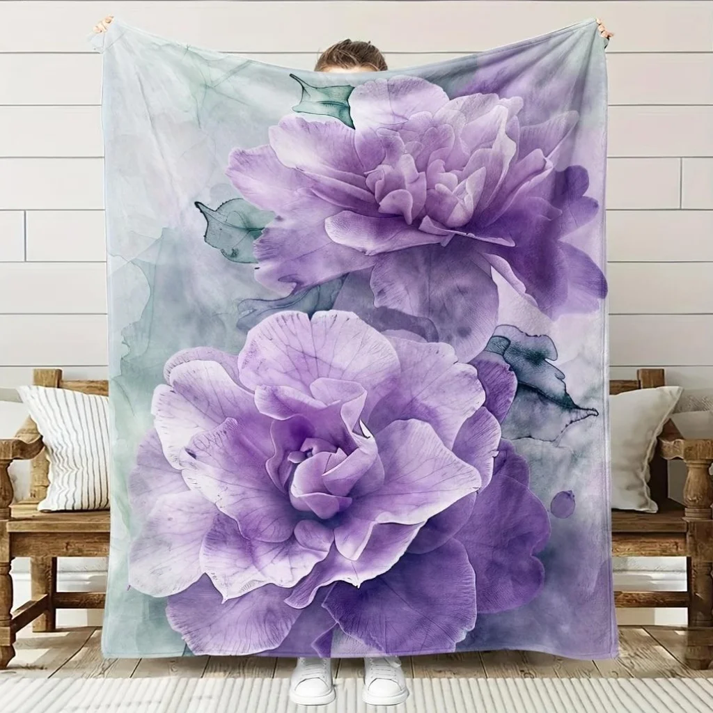 

1 шт. фиолетовое одеяло с рисунком пиона, полиэфирная ткань, можно стирать в машине, подходит для украшения спальни и гостиной.