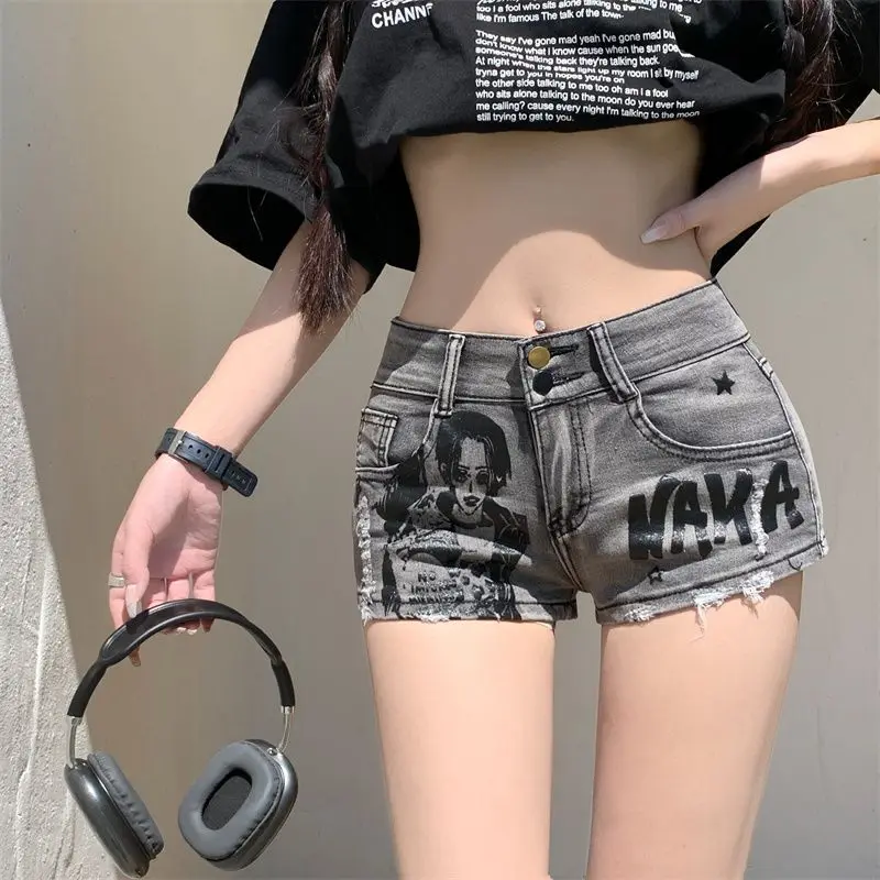 

American Style Retro Low Rise Denim Super Shorts for Women's Summer New Style Slimming Design Printed Street Shorts