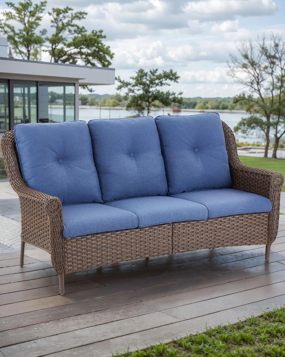 Outdoor Wicker Sofa 3-Seater High Back Thick Cushion All-Weather Rattan Garden Porch Poolside Apartment, Customized