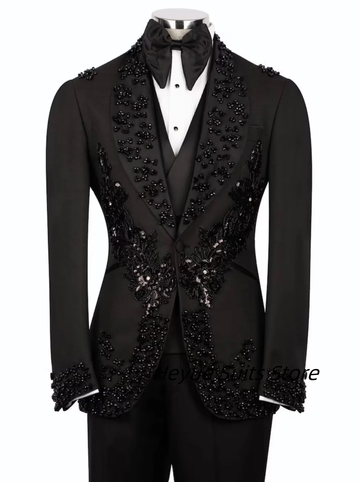 

Fashion Appliques Sparkly Crystals Men Suits Shawl Lapel Groom Party Tuxedos 3 Pieces Sets Male Blazers Slim trajes para hombre