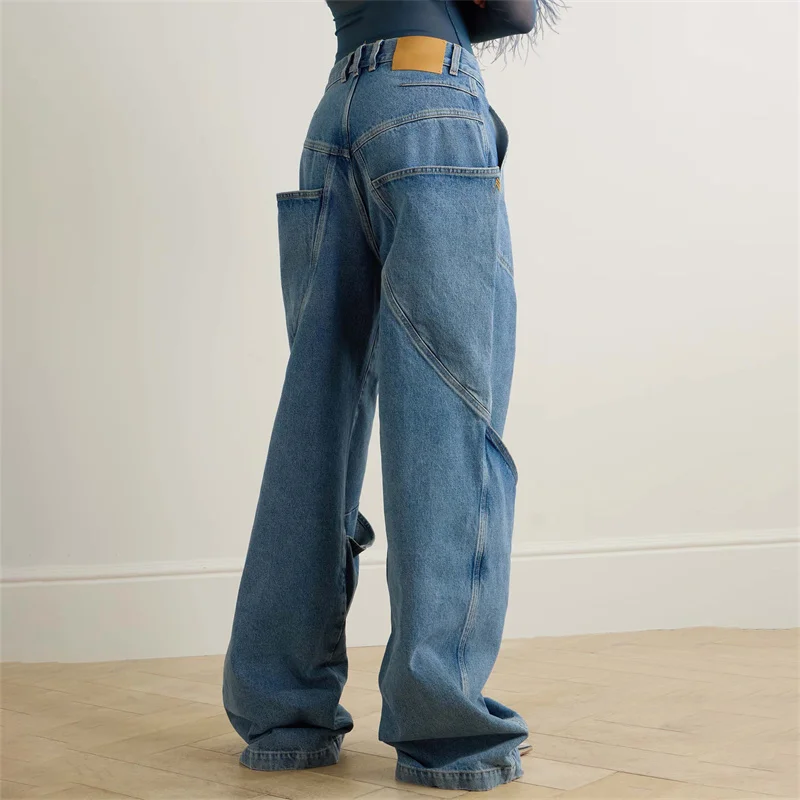 Women's pants New retro washed pure cotton jeans for autumn 2024 Layered splicing high waisted wide leg pants Denim cargo pants