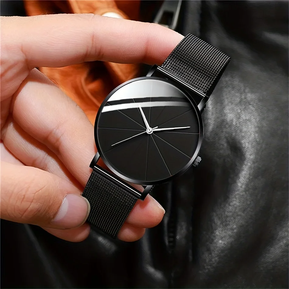 3pcs/set, Men's Business Ultra-thin Mesh Band Quartz Watch & Bracelet Cross Necklace Set