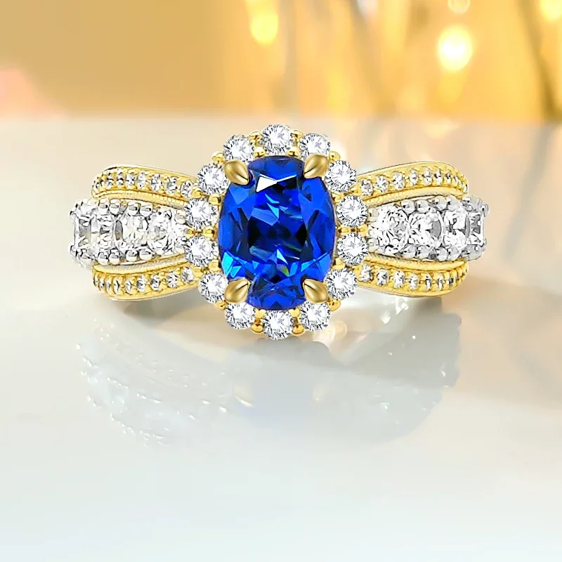 

New 925 Sterling Silver Egg shaped Blue Treasure Ring Set with High Carbon Diamond Elegant Design for Women's Versatile Wedding