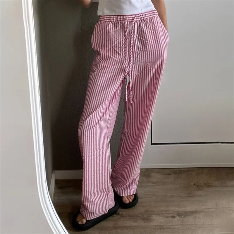 

y2k Cool Pants for Women Striped Drawstring Elastic Waist Loose Straight Long Pants with Pockets 2000s Trousers Streetwear