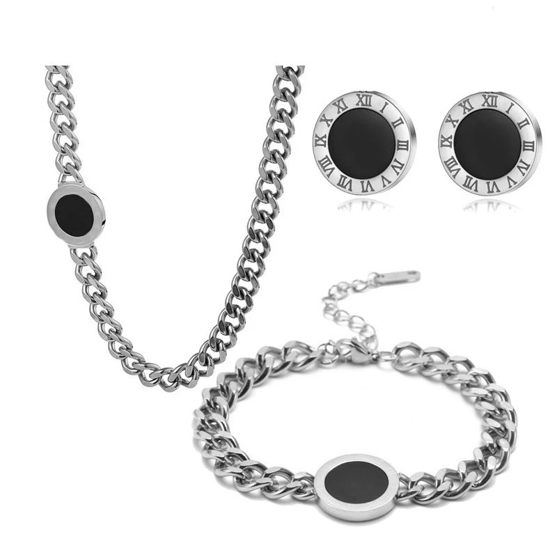 316L Stainless Steel Hip Hop Roman Numeral Positive Black White Two-color Necklace Bracelet Biżuteria Ślubna Jewelry Sets