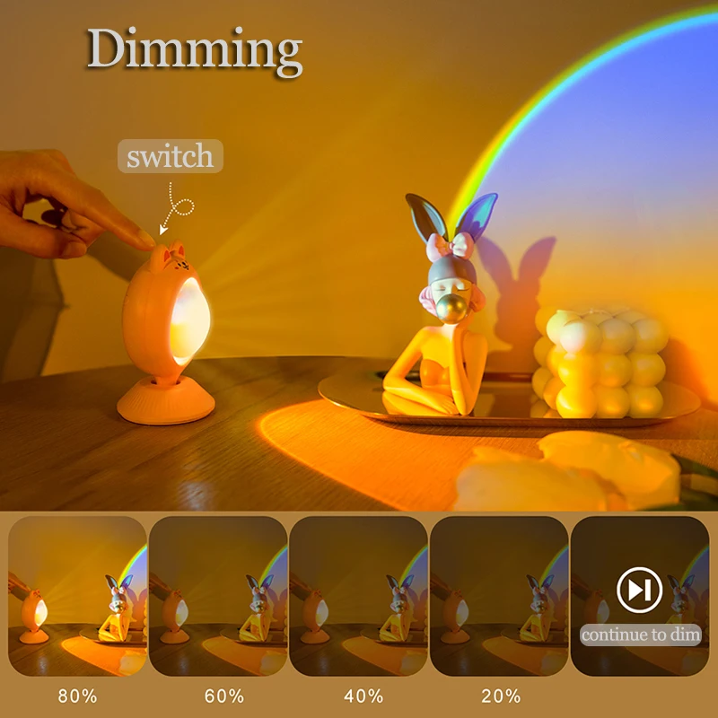 Sunset Projector Light LED Night Light USB Rechargeable LED Sunset Lamp 7 Colors Dimmable Rainbow Lamp Bedroom Decor Nightlight