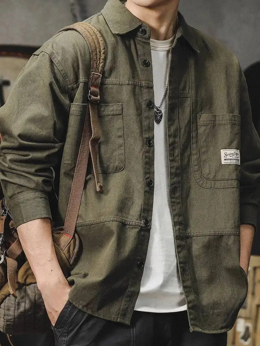 

Men's Jacket 2025 Spring Autumn New Workwear Shirt Jacket Loose Japanese Vintage Casual Long-Sleeve Button-Down Outerwear