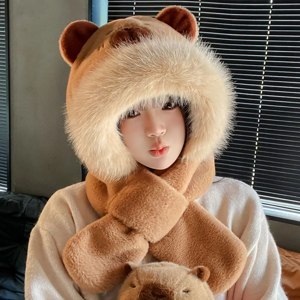 Soft Cartoon Capybara Hat Scarf Gloves Set Thick Warm One Piece Plush Beanie Cap Ear Protection Windproof Hooded Scarf