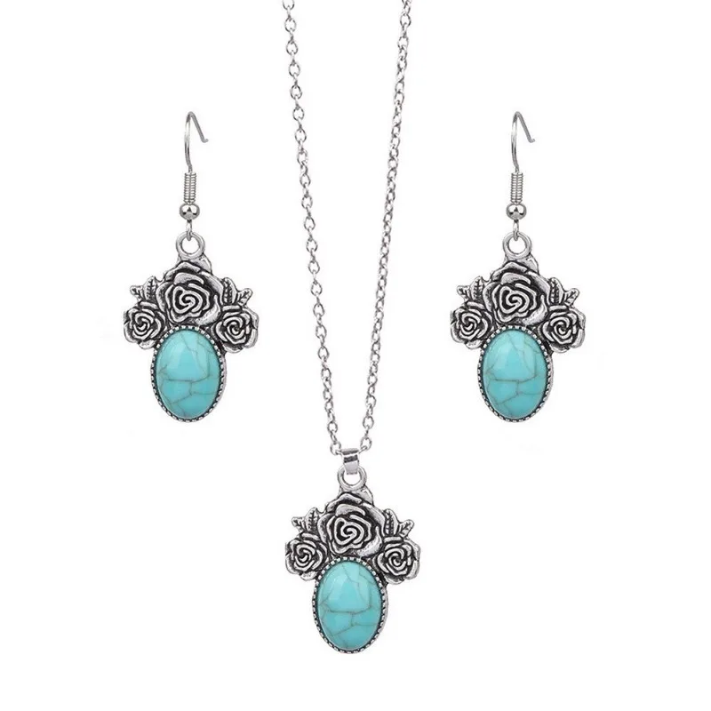 Bohemian Retro Earring Necklace Set Turquoise Teardrop Shaped Earings Pendant Necklace Multi Styles Jewelry Set for Women