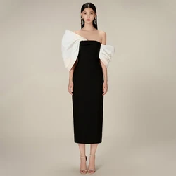 Simple Cocktail Dress Off the Shoulder Sheath/Column Midi  Gowns for Women 2023 Draped Sleeves Tea Length Party Dresses