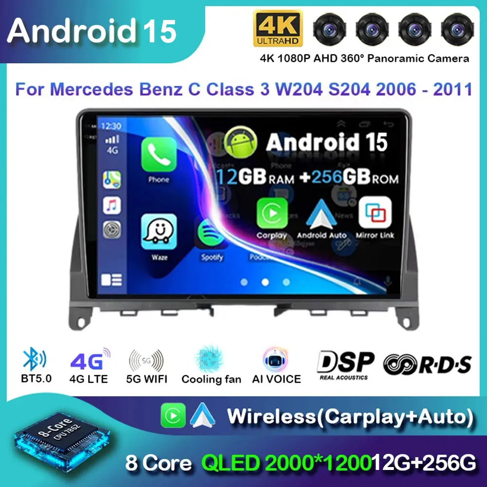 Android 15 для Mercedes Benz C Class 3 W204 S204 2006 2007 2008 2009-2011 Heda Unit QLED Автомобильное радио Стерео Carplay Auto WIFI