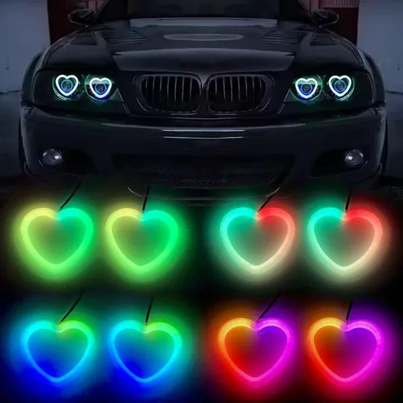 2pcs Heart-Shaped RGB Angel Eyes Halo Light Bluetooth App Control With Amber Turning Light Car Light Headlight DRL Accessories