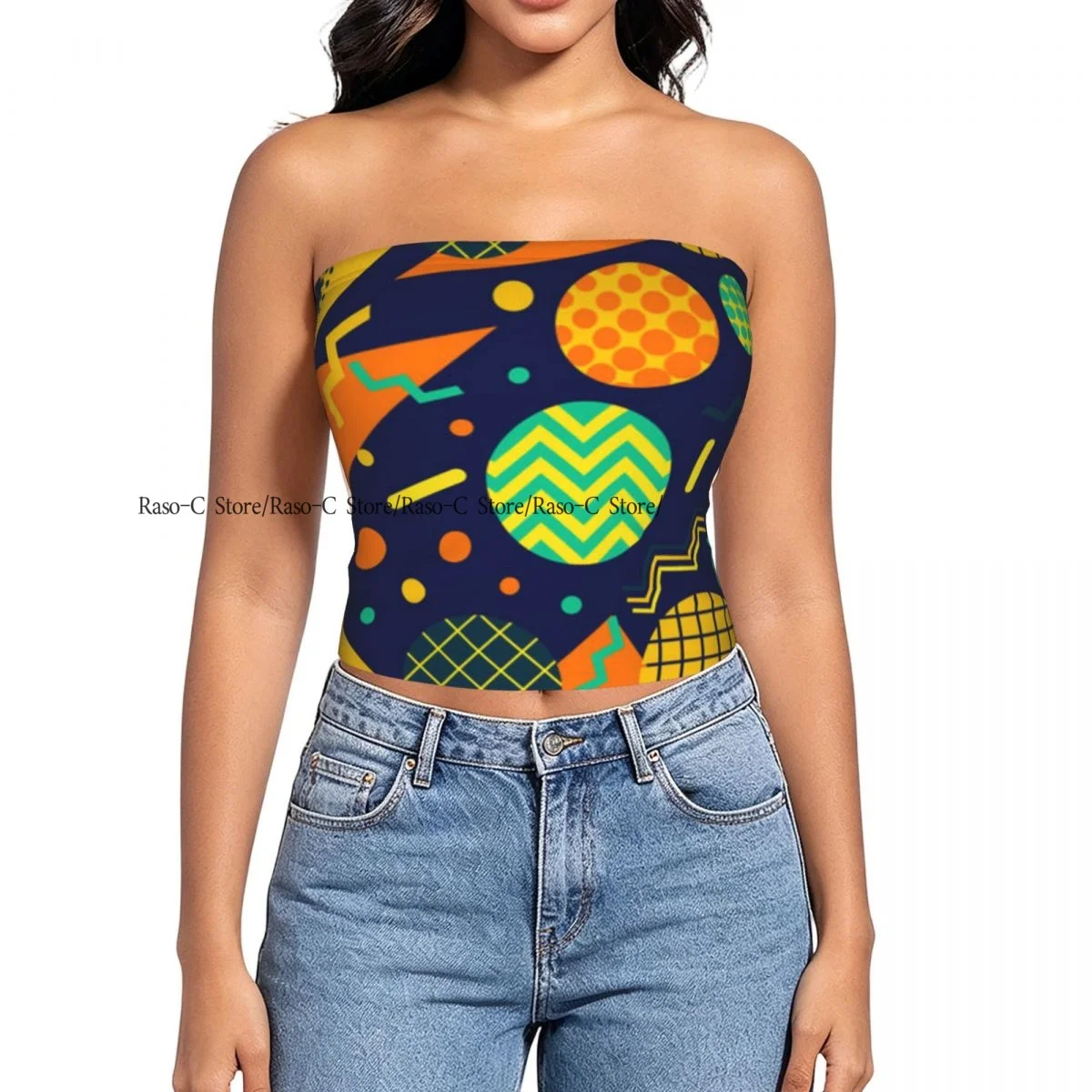 Women Shirt Summer Strapless Backless Tops Geometric Shapes 80s Retro Background Sleeveless Vest