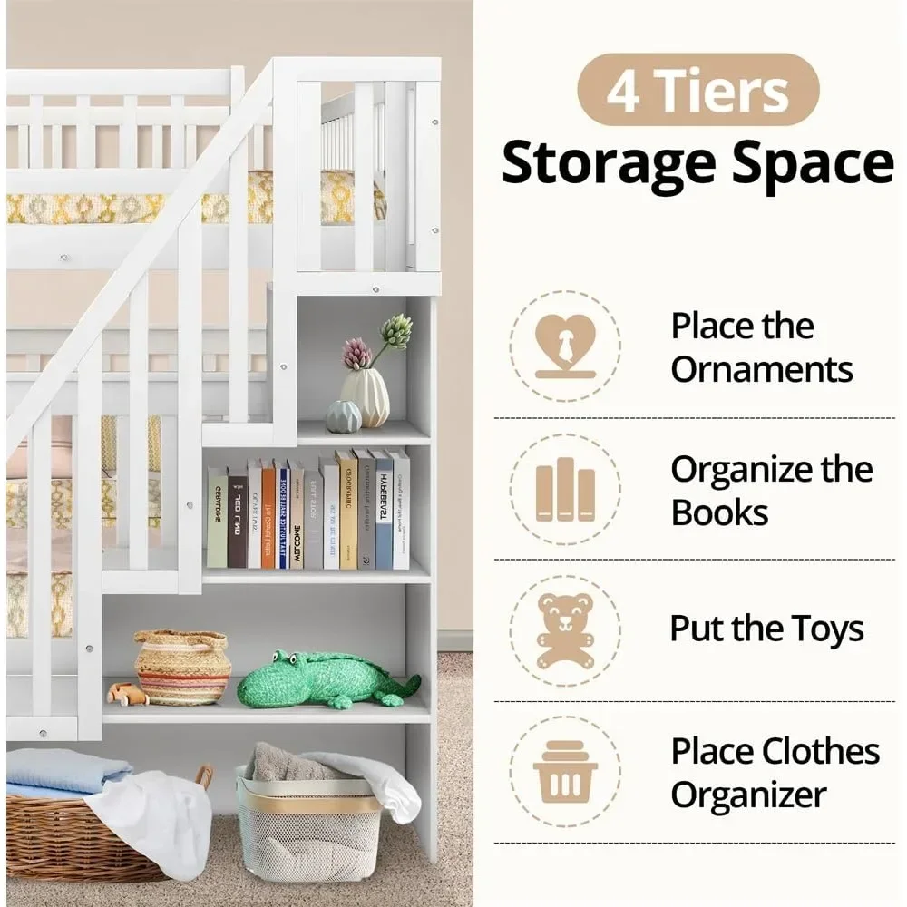 Bunk Beds Twin Over Twin Bunk Bed with Twin Trundle & Staircases, Wood Bunk Bed Frame with Safety Rails,  Kid Bed