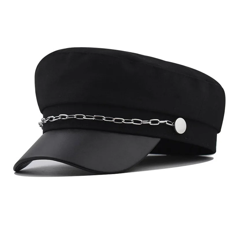 

PU Military With Silver Chain Beret Cotton Versatile Breathable Duckbill Octagonal For Women British Style Leather Hat