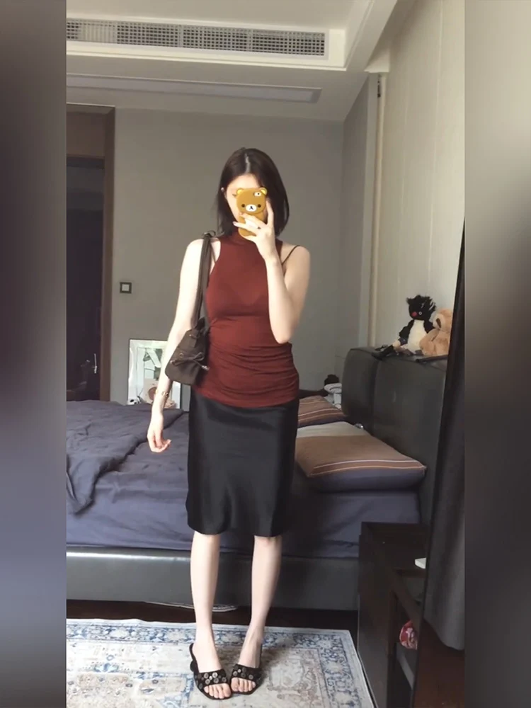 

Retro High Neck Sleeveless Vest Top Summer Silk Satin Diagonal Cut Midi Skirt Set plus Size Fashion Commute Style round Neck