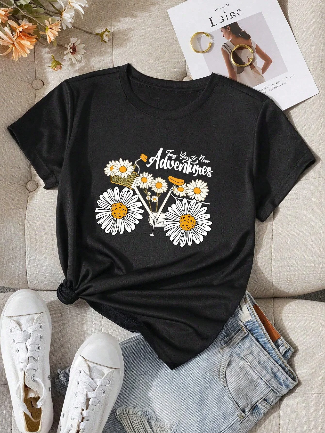 Women's Casual Daisy Letter Print Round Neck T-Shirt, Regular T-Shirt 2024