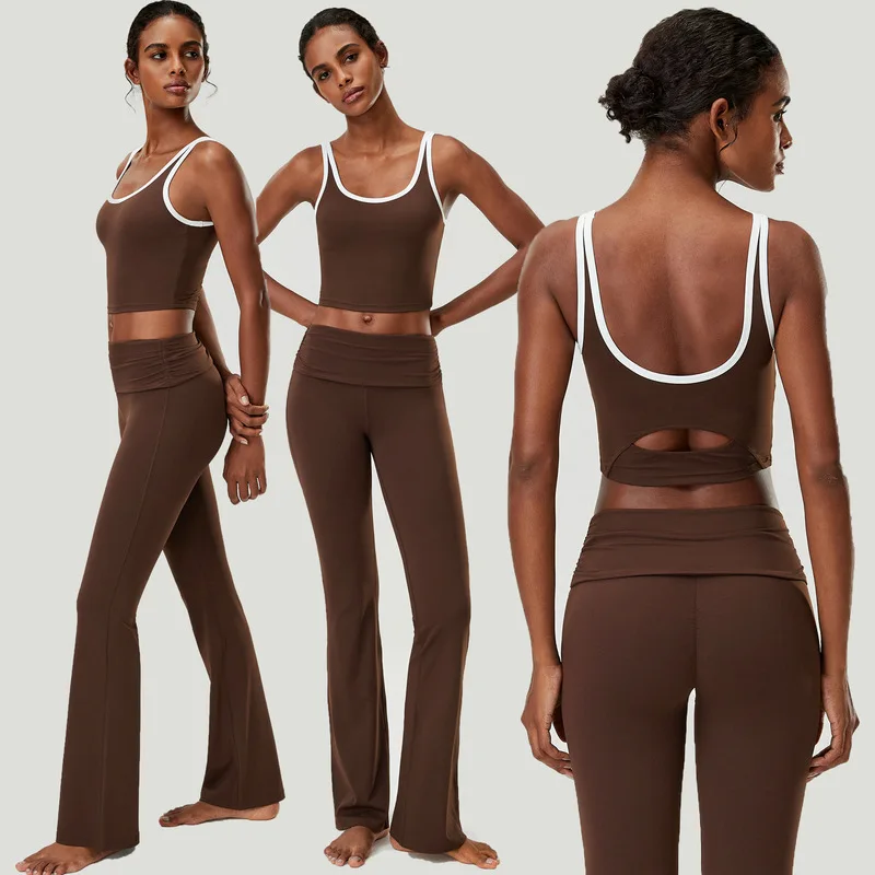 Women Plus Size 2Pcs Yoga Outfit Hollow Back U Neck Tank Top&Fold Over Waist Flared Leggings Running Gym Tennis Fitness Set