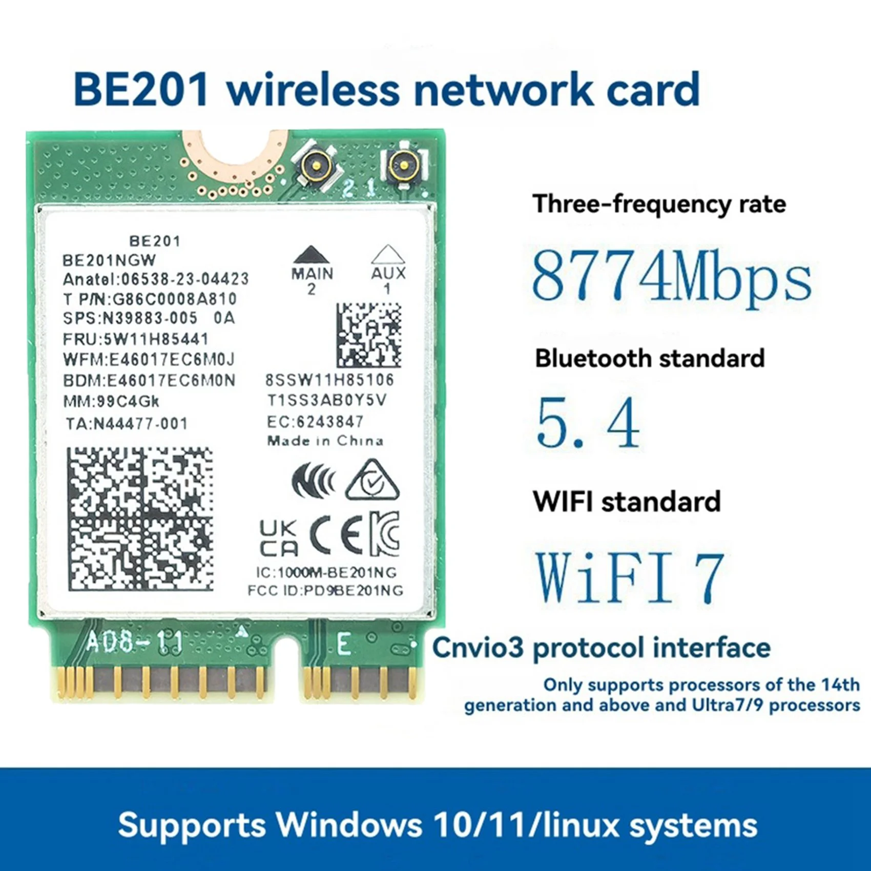M13K-BE201 8774Mbps Tri-Band WIFI7 Card Wifi 7 Wireless M. 2 Module Bluetooth5.4 Cnvio3 AX211 For Win10/11 64-Bit