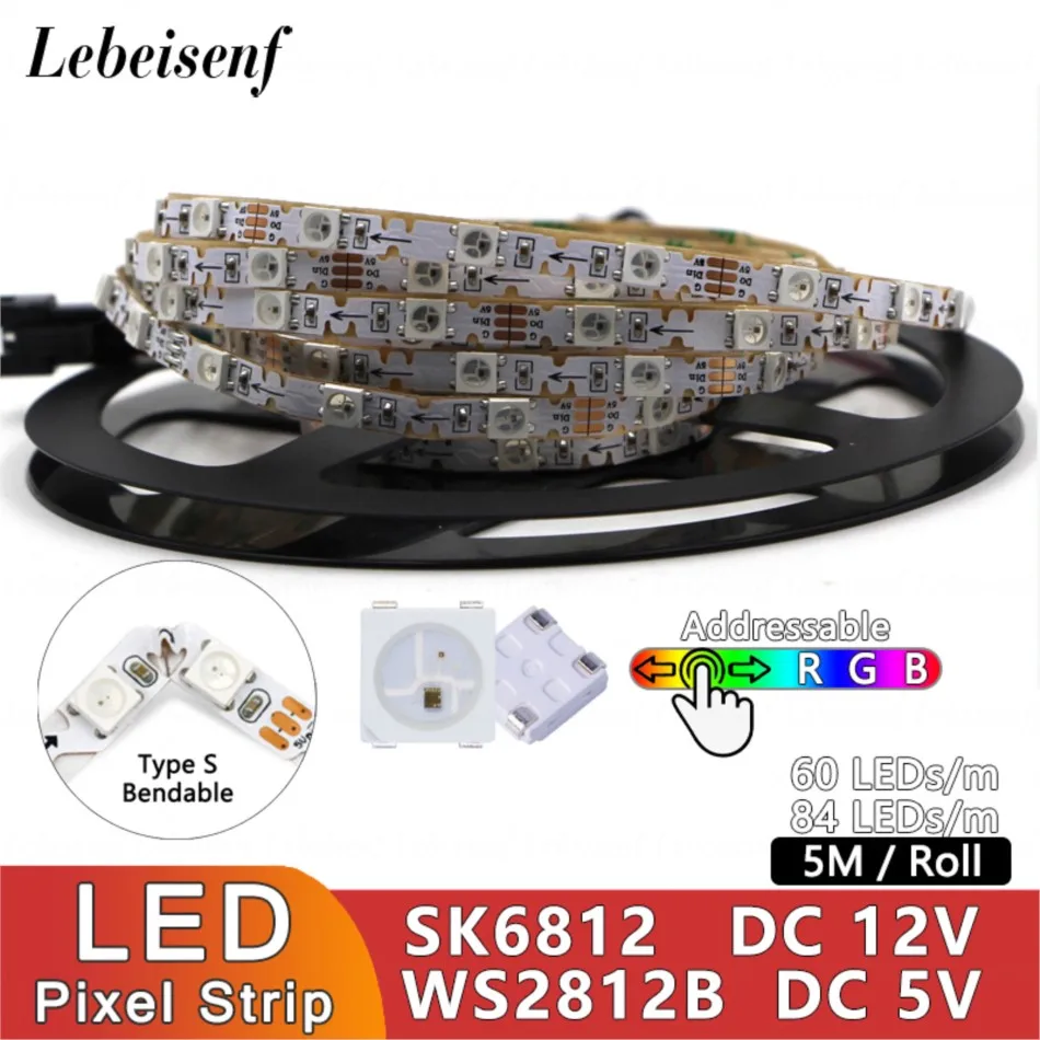 5M wąska 6mm SK6812 WS2812 5V 12V FPC S-Type 60 84 Leds/m SMD 3535 5050 RGB Pixel IC gibble taśma adresowalna taśma LED