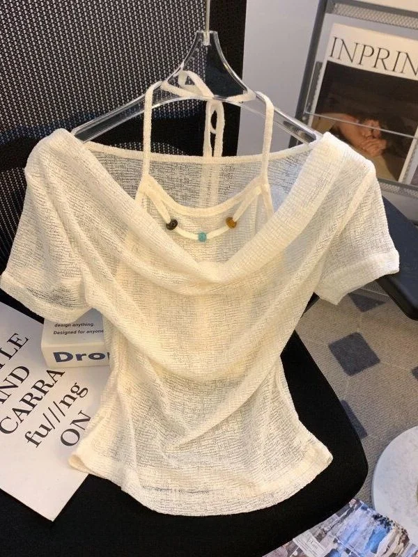 

Outlet Pure Desire Knitted Short Sleeve T-Shirt Hanging Neck Waist Cinching Bateau Neck Top Korean Style Commute Fashion