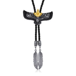 Cravate Bolo américaine en métal pour hommes femmes, aigle volant, Cowboy, corde en cuir, collier occidental avec pendentif à