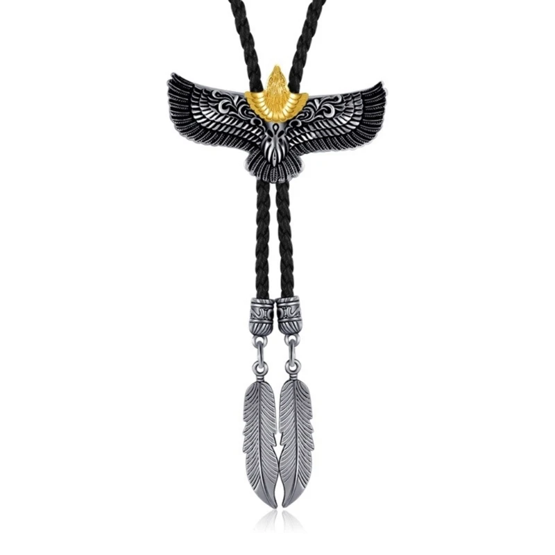 Mens Women American Bolo Tie Metal Cowboy Leather Rope Necktie Western Necklace with Feathered Pendant