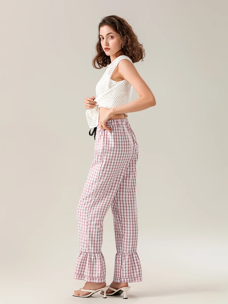 Women Plaid Flared Pants Tiered Ruffled Legs Bow Elastic Waistband Full Length Pull-On Trousers