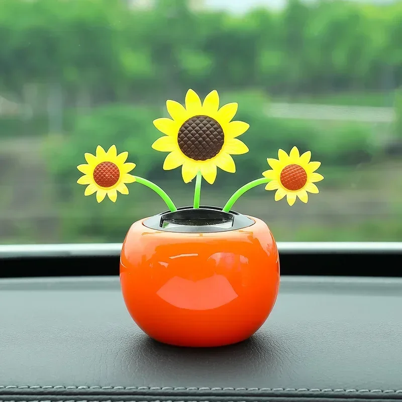 Car Ornament Solar Powered Dancing Shaking Head Cartoon Sun Flower Pot Automobile Auto Dashboard Decoration Cute Car Accessories