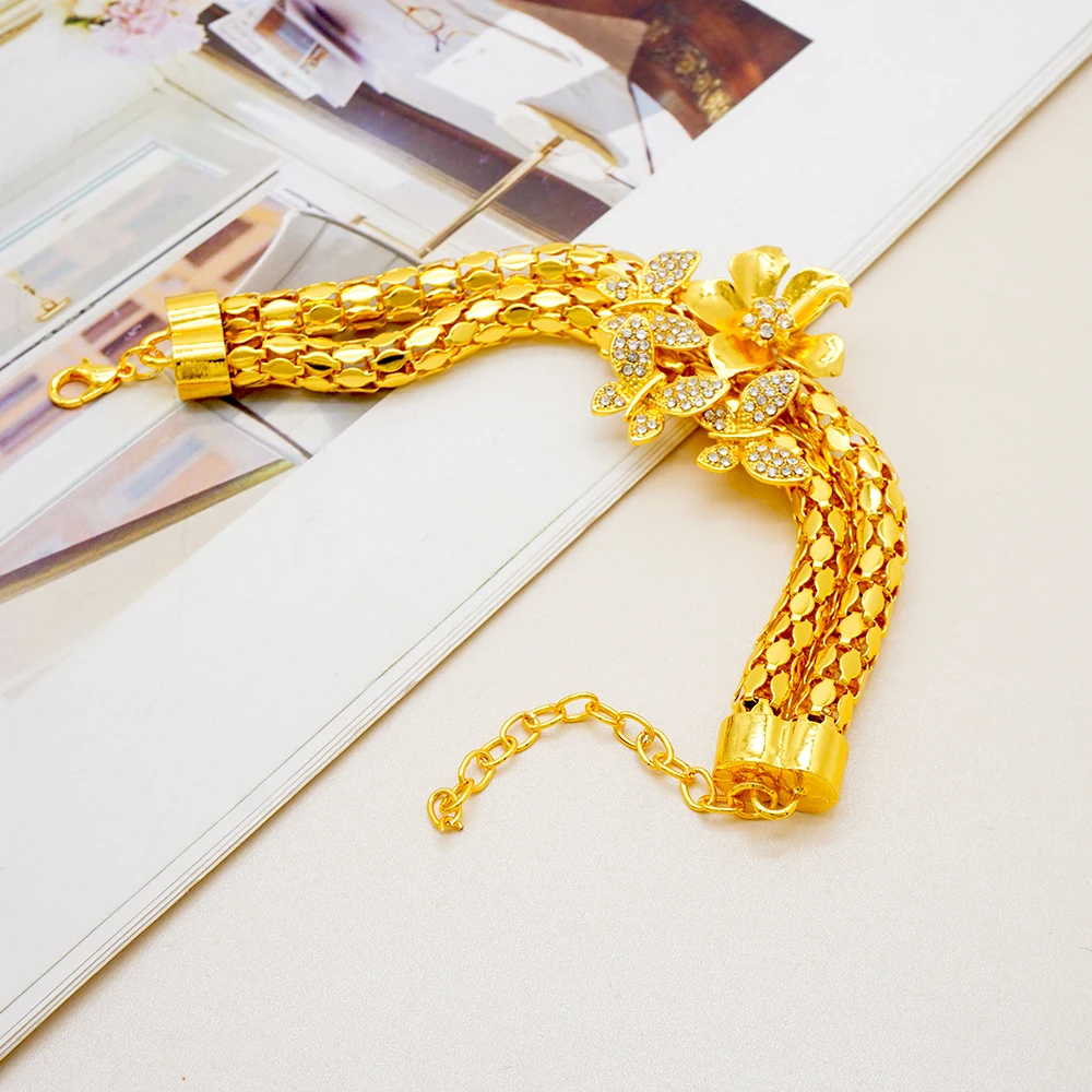 GDJWRI Indian Dubai Gold Color Jewelry Set For Women Bridal Long Necklace Set Nigerian Choker Necklace Bracelet Earring Ring Set