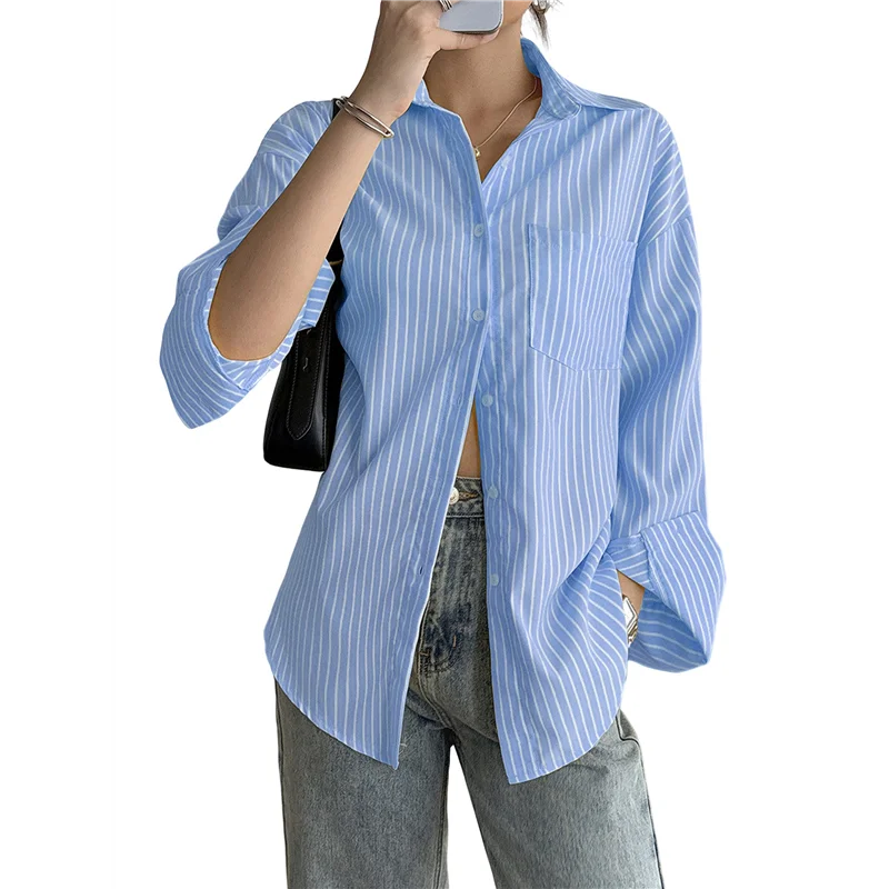 

CYL-Women's Button-Down Shirts, Striped Formal Shirts, Long Sleeves, Lapels, Office Work Shirts, Tops