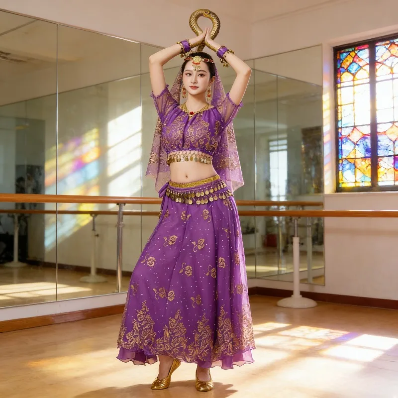 Nuevo traje de danza étnica estilo Xinjiang traje de danza del vientre indio Chiff en vestido de actuación conjunto para adultos
