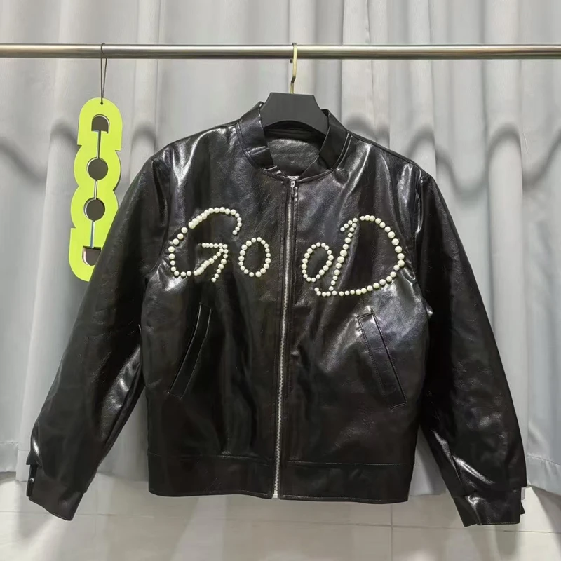 

Goodbrand Jackets Pearl Light Luxury Fashion Windproof Leather Coat Winter Thick Keep Warm Zipper Cotton Jacket Men Women