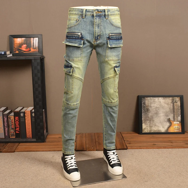 Street Fashion Men Jeans Retro Washed Stretch Slim Fit Ripped Biker Jeans Men Multi Pockets Designer Hip Hop Denim Cargo Pants